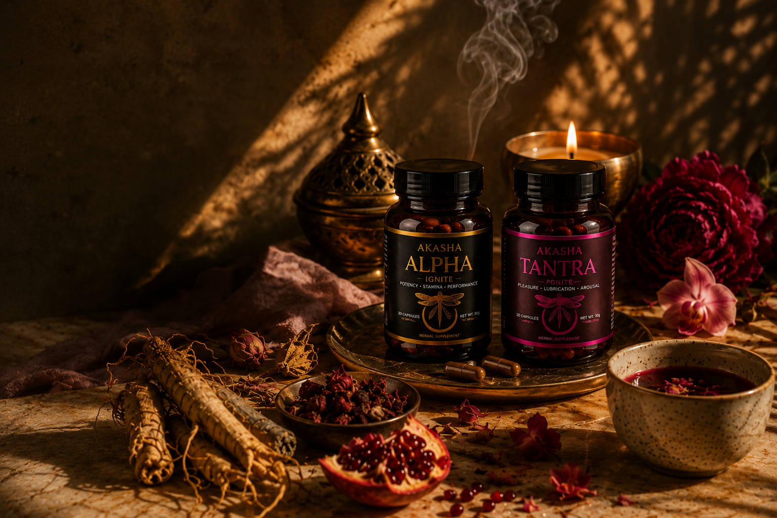 Akasha Alpha and Tantra bottles arranged in a warm ceremonial ritual with ginseng roots, dried rose petals, candlelight, incense and brass