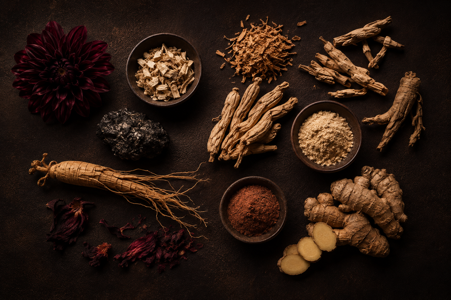 Overhead arrangement of dried roots, powders and botanicals