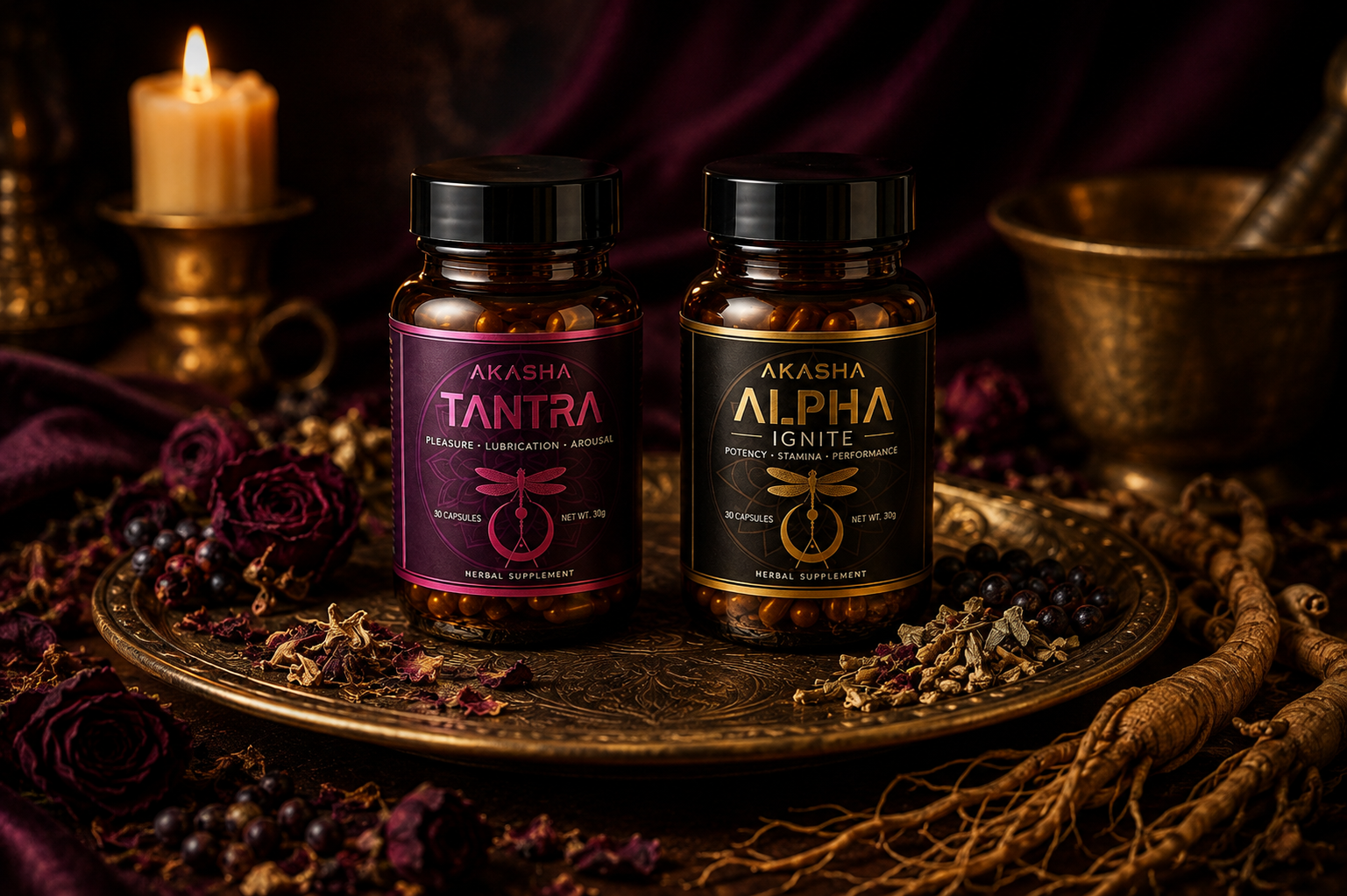 Akasha Tantra and Alpha Ignite on an engraved brass tray with dried roses and ginseng