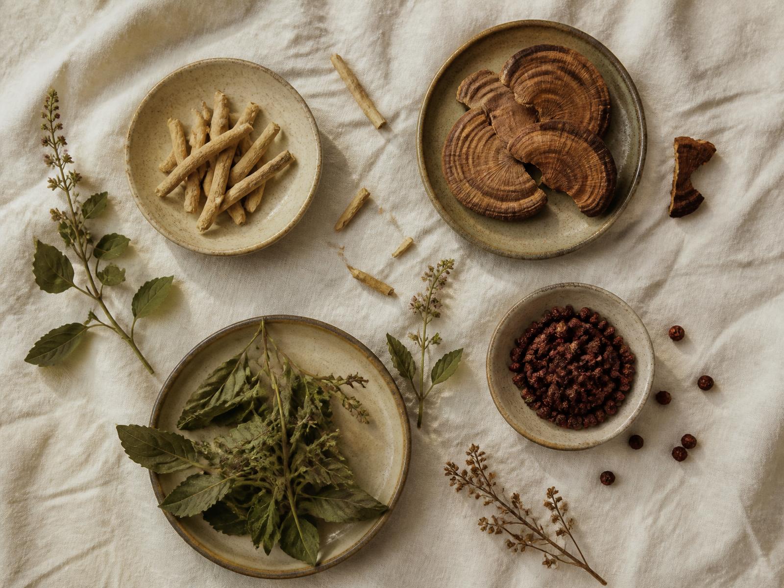 Dried roots, reishi and turmeric on linen fabric