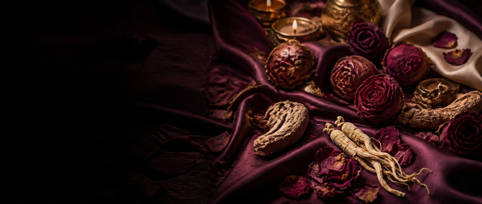 Akasha Tantra on plum silk with dried roses and root botanicals
